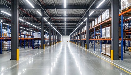 Fototapeta premium Modern Shipping Depot with Pallet Racking and Fluorescent Lights
