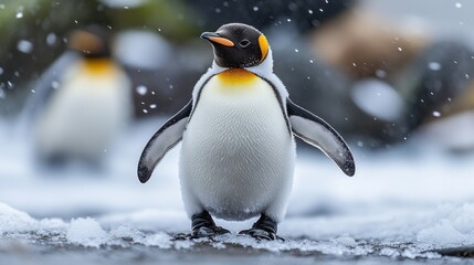Fototapeta premium A single king penguin chick stands on snow-covered ground, facing right, with snowflakes falling around it; another penguin is blurred in the background. : Generative AI