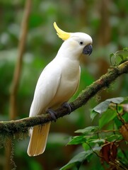 A majestic white cockatoo, perched gracefully on a moss-covered branch in a lush green rainforest, displays its vibrant yellow crest. : Generative AI