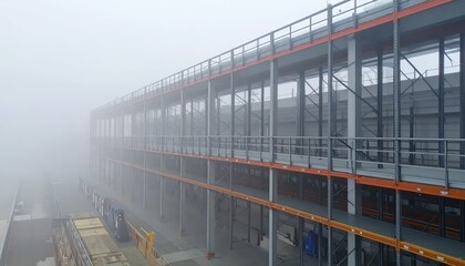 Obraz premium Modern Warehouse Mezzanine with Pallet Racking in Foggy Environment
