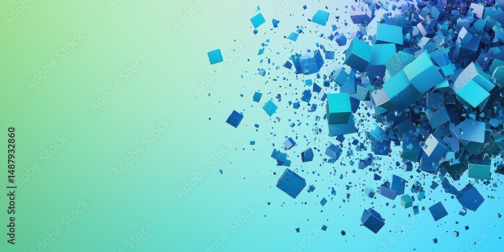 Poster abstract explosion of vibrant teal cubes against a soft mint green gradient background. a dynamic, e