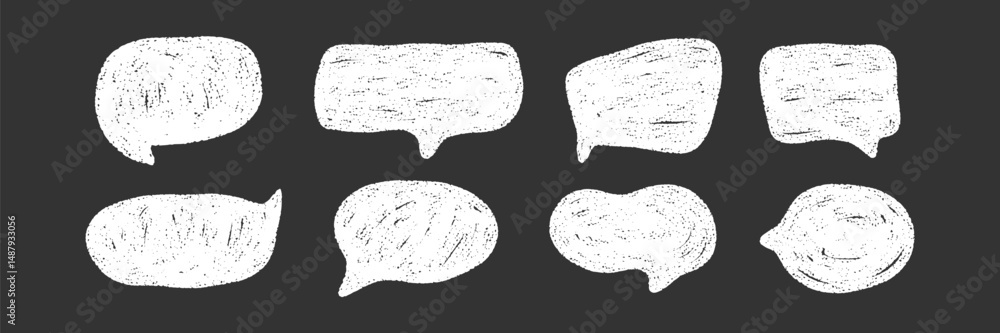 Poster set of chalk textured colorful speech bubbles. white text box in rough sketch style isolated on blac