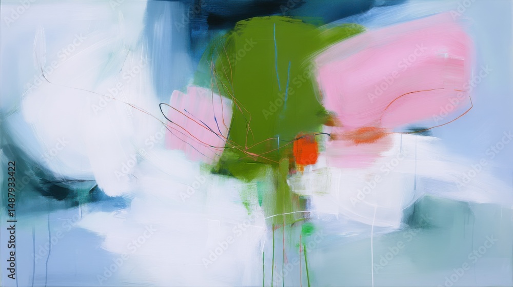 Aufkleber abstract painting with pink, green, and blue hues, featuring expressive brushstrokes and flowing lin