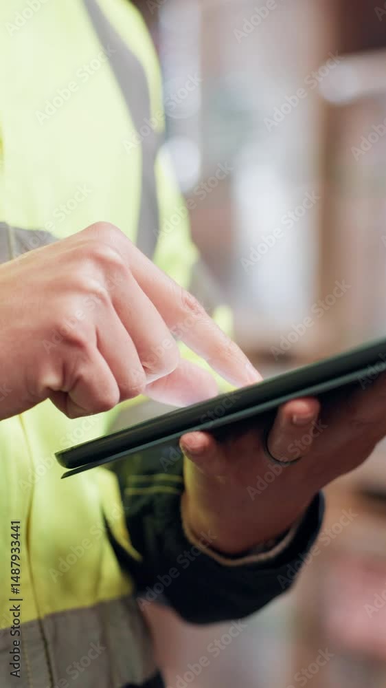 Poster hands, tablet and scroll at warehouse for supply chain, schedule and inventory management at plant. 