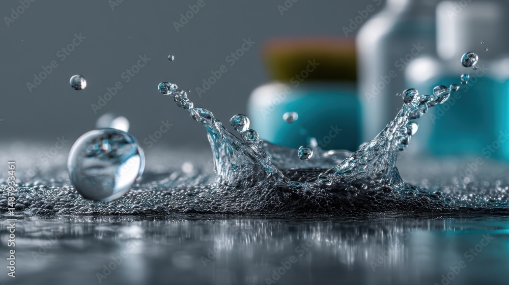 Aufkleber close-up of a water droplet splash, creating a crown-like shape, with small bubbles and a reflective