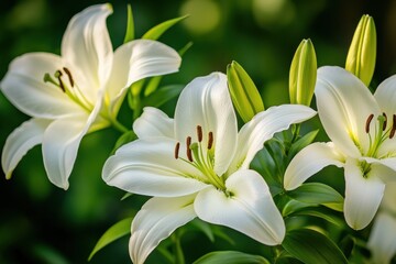 Fototapeta premium Close-up view of three pristine white lilies, their petals softly illuminated, showcasing delicate stamens and vibrant green foliage. : Generative AI