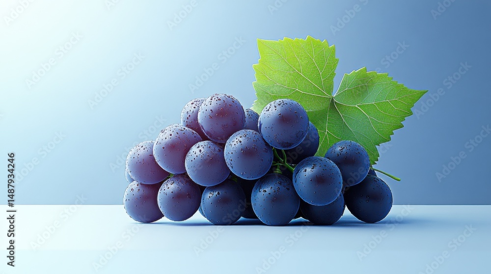 Poster A cluster of dark-purple grapes with water droplets, accompanied by a vibrant green leaf, rests on a light-blue surface, creating a refreshing and visually appealing image. : Generative AI
