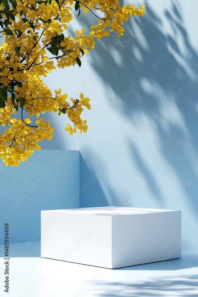 Poster white cube display platform, showcasing product placement, bathed in soft sunlight, with yellow flow