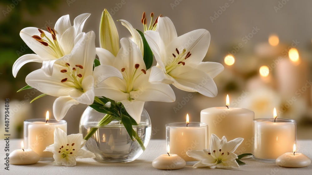 Poster elegant white lilies arranged in a clear glass vase, surrounded by softly glowing candles creating a