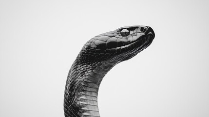 Naklejka premium Close-up of a black snake's head and neck, angled upward against a light gray background.
