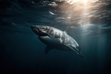 Fototapeta premium Majestic great white shark swimming gracefully in the deep ocean, sunlight filtering through the water, creating a dramatic underwater scene. : Generative AI