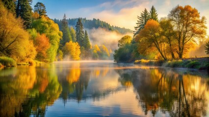 Obraz premium Misty dawn on the Rogue River with golden light reflecting off the calm water surrounded by lush green trees and vibrant fall foliage, serene landscape, riverbank