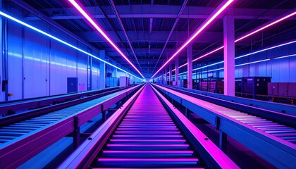 Obraz premium Neon-Lit Refrigerated Warehouse with Dramatic Shadows and Conveyor Belts