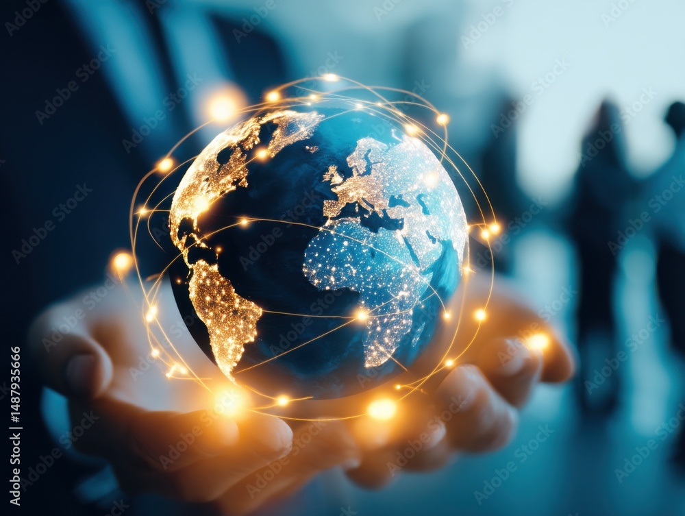 Poster glowing earth globe held in hands, symbolizing global network, connection, and digital communication