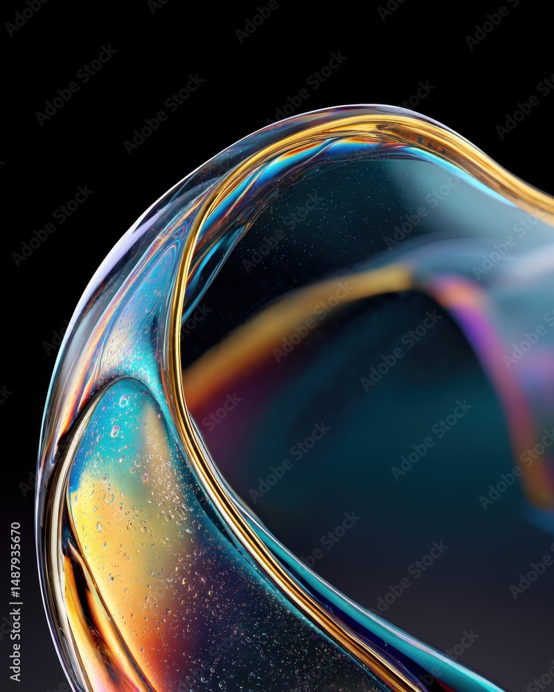 Poster Abstract iridescent liquid form with gold accents, featuring tiny droplets and a dark background, creating a visually striking and modern design. : Generative AI