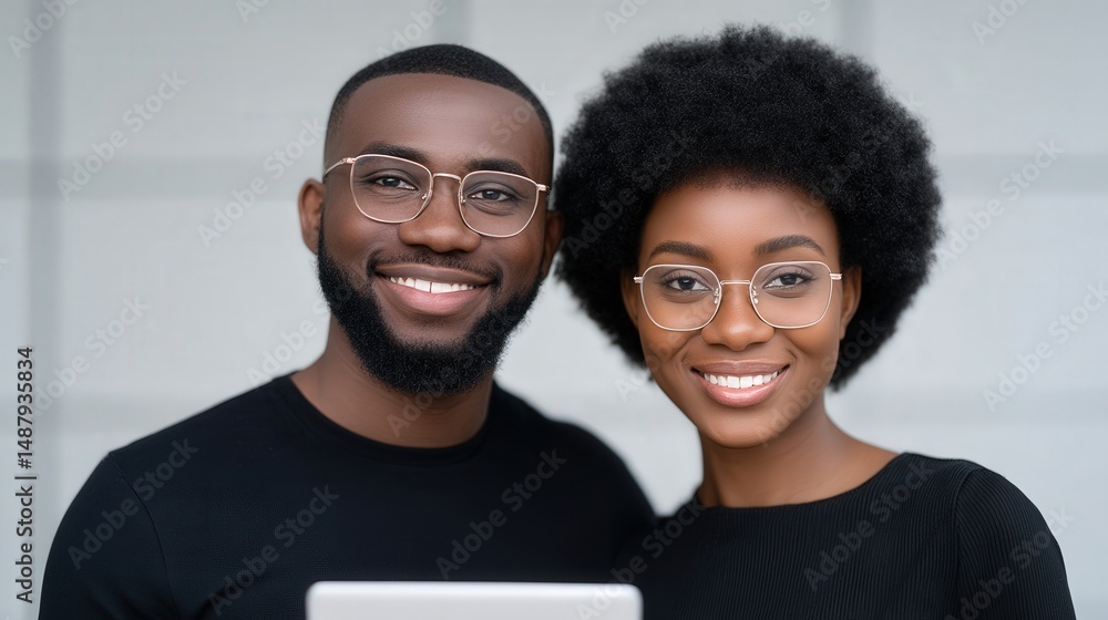 Poster a joyful couple sharing smiles while engaged with a modern tablet in a bright atmosphere emphasizing