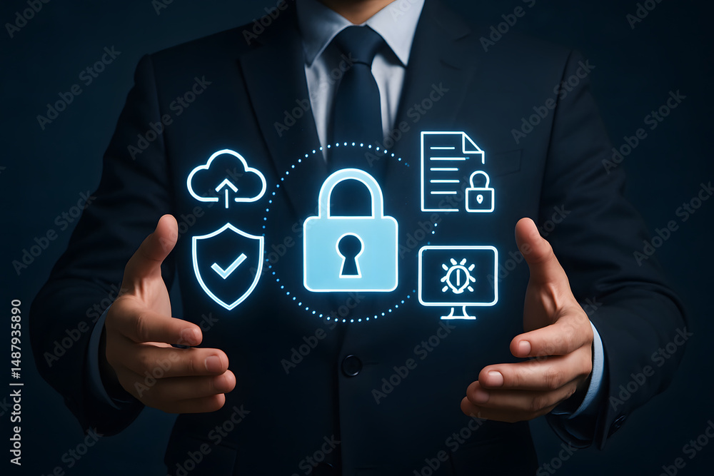 Poster digital fortress: a suited individual safeguards digital assets, encapsulating the essence of cybers