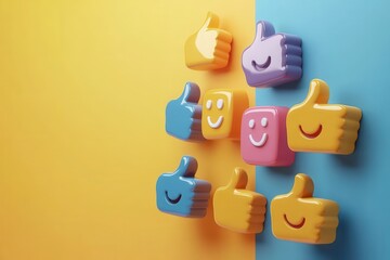 Colorful thumbs up icons with smiley faces for social media engagement, feedback, and approval use cases