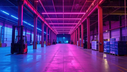 Fototapeta premium Neon Lit Warehouse Mezzanine with Forklifts at Dawn Without People