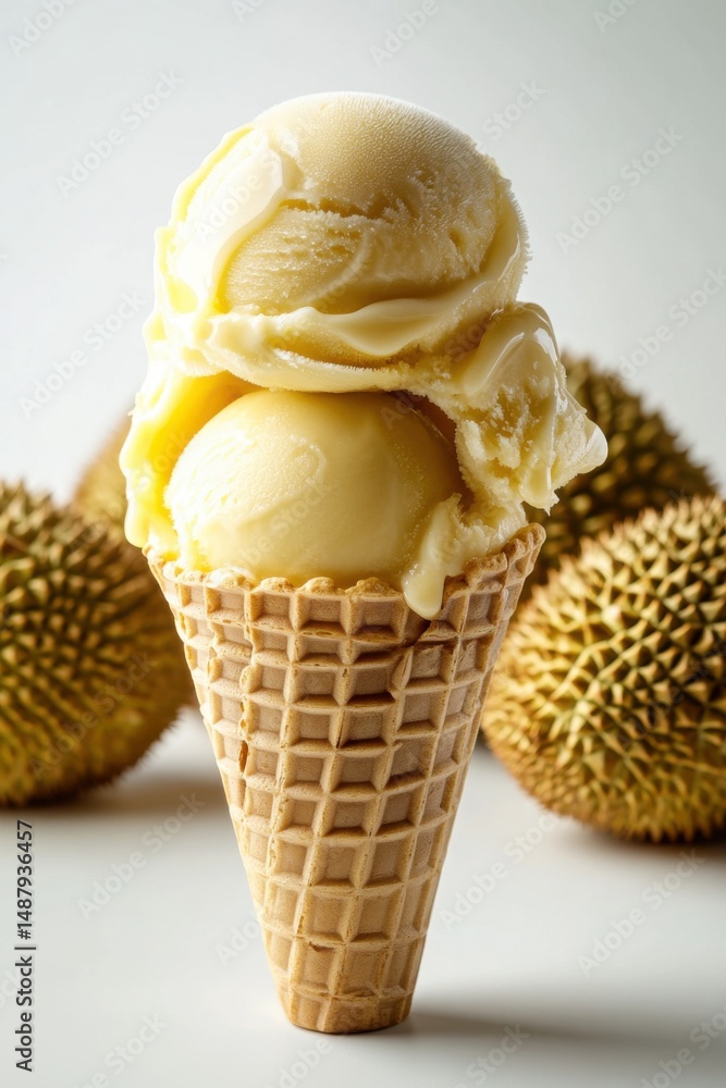 Poster two scoops of creamy durian ice cream melting in a waffle cone, with whole durians in soft focus in 