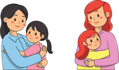 mother and daughter flat vector illustration. cute mother and daughter