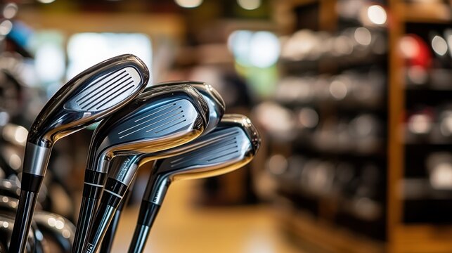 Close-up view of four shiny golf clubs, meticulously arranged, displayed in a golf shop with a blurred background showcasing additional sporting goods. : Generative AI