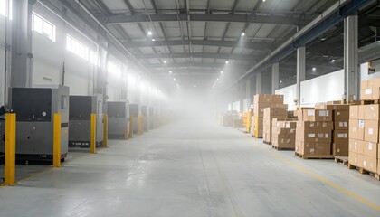 Obraz premium Organized Warehouse Interior with Machines and Dust Particles Swirling