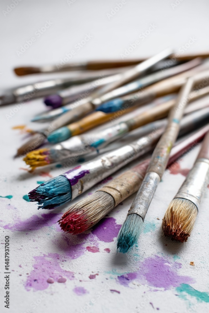 Poster a collection of well-used paintbrushes rests on a canvas splattered with vibrant colors, showcasing 