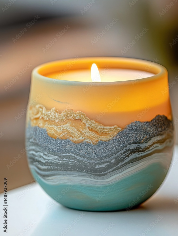 Aufkleber a lit teal and beige candle in a decorative container, showcasing a unique marbled design with subtl