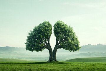 Fototapeta premium Green tree shaped like human lungs standing in open field, creative environmental concept symbolizing clean air, nature health, ecology, sustainable living, oxygen, climate change, and conservation