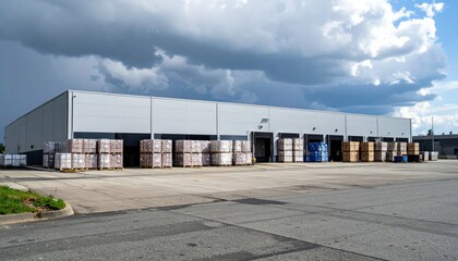 Fototapeta premium Organized Cold Storage Facility with Stacked Pallets Under Stormy Skies