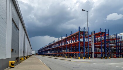 Organized Chemical Warehouse with Shelving Units Under Stormy Skies
