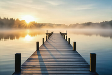 Fototapeta premium A wooden pier extends into a misty lake, bathed in the warm light of a rising sun.