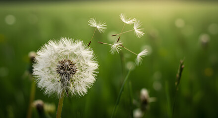 Obraz premium Dandelion Seedhead in Meadow: A fluffy dandelion seed head, ripe for dispersal, takes center stage in a sunlit green meadow. The delicate seeds float on the breeze, symbolizing dreams.