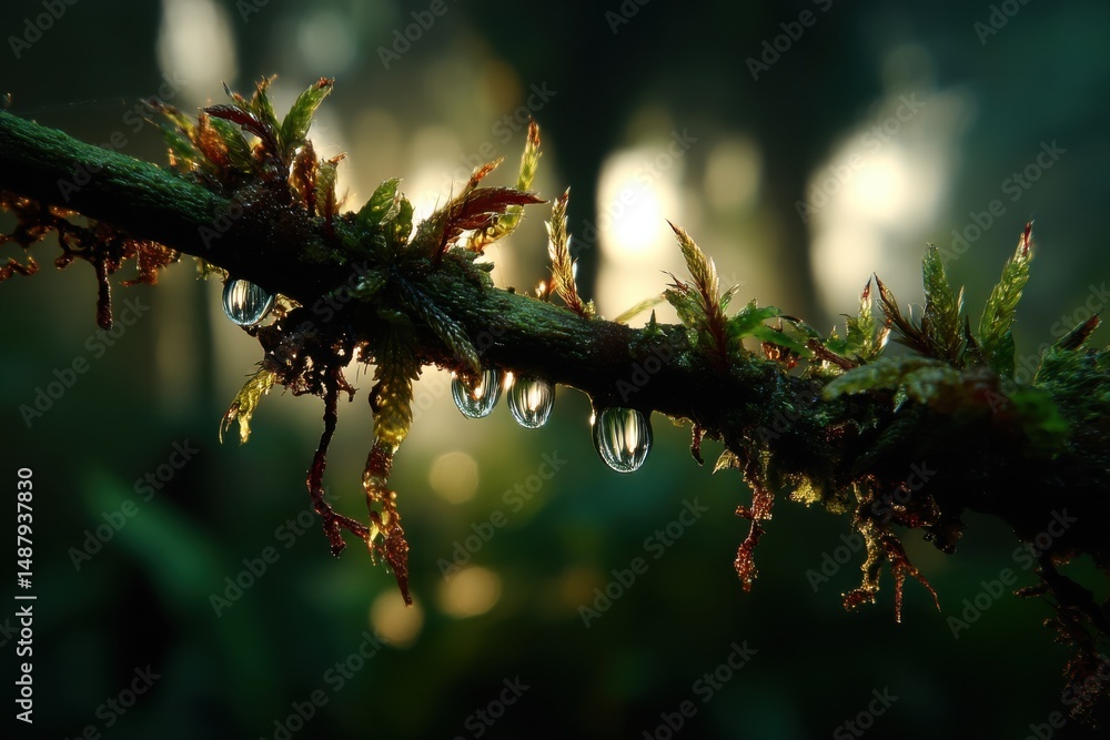 Aufkleber three dew drops cling to a moss-covered branch, backlit by the morning sun, creating a serene and ma