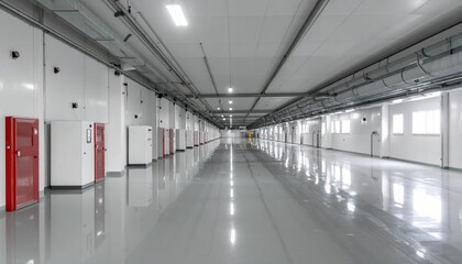 Expansive Interior of Organized Grain Silo with Reflective Floor