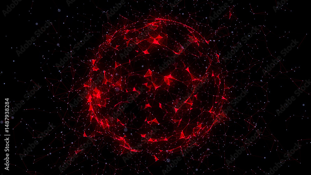 Poster abstract fire red sphere on black background. wireframe circle structure with glowing particles and 