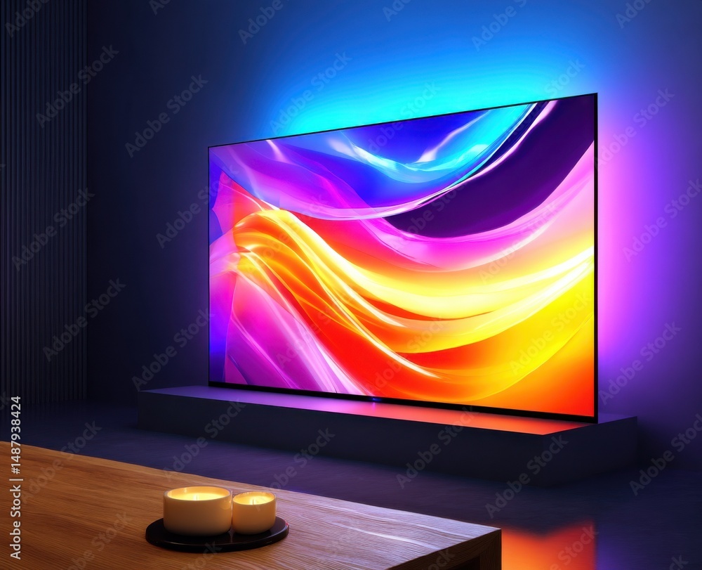 Aufkleber modern living room interior with large vibrant screen displaying abstract colorful artwork, illumina