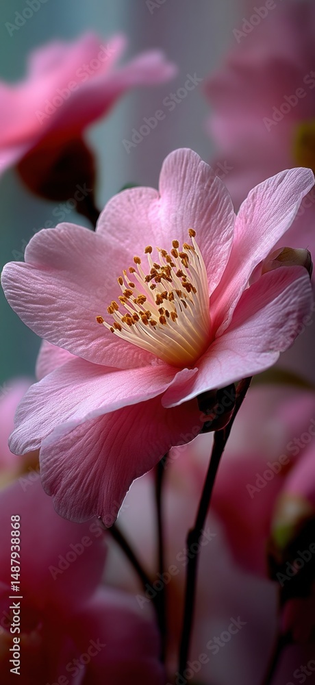 Aufkleber close-up of a delicate pink camellia blossom, showcasing its intricate stamens and soft petals. the 