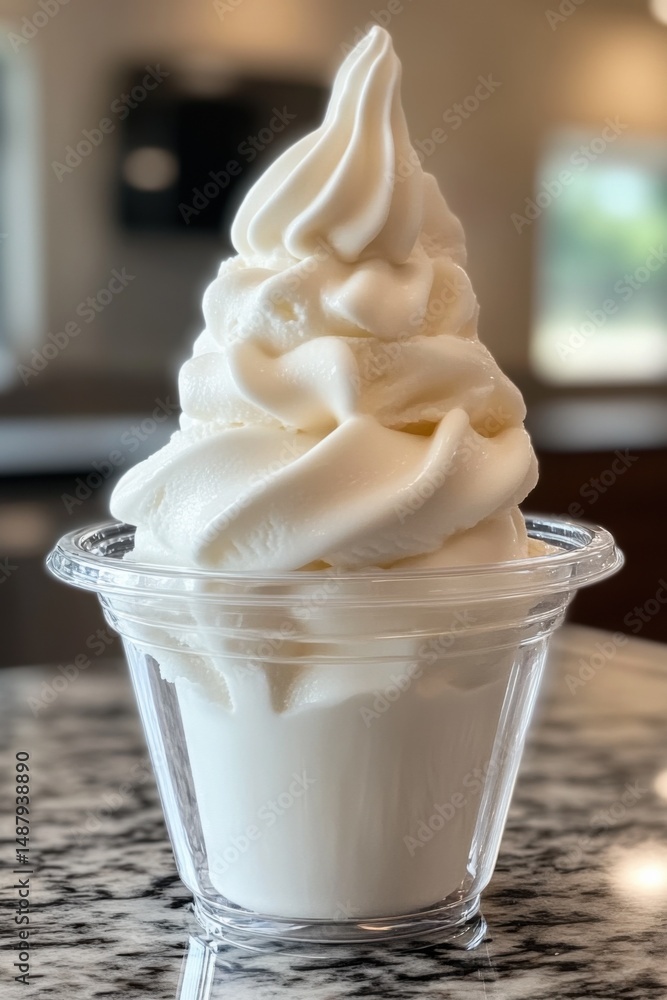 Poster a swirl of creamy vanilla soft serve ice cream sits in a clear plastic cup, ready to be enjoyed on a