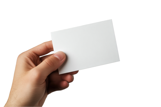 Hand holding a blank white square card isolated on a transparent background