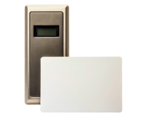Electronic door access card reader with blank key card on a transparent background
