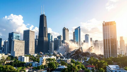 Fototapeta premium Photorealistic Depiction of City Skyline Collapsing During Earthquake