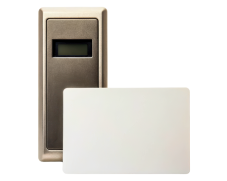 Electronic door access card reader with blank key card on a transparent background