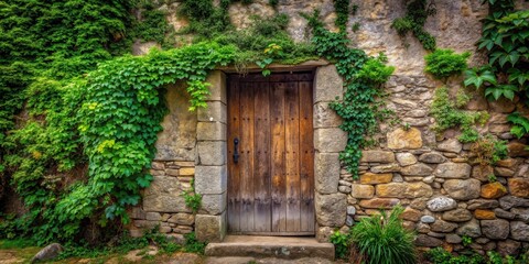 Fototapeta premium Ancient stone wall with worn wooden door and overgrown vegetation, rustic, nature, rustic, nature