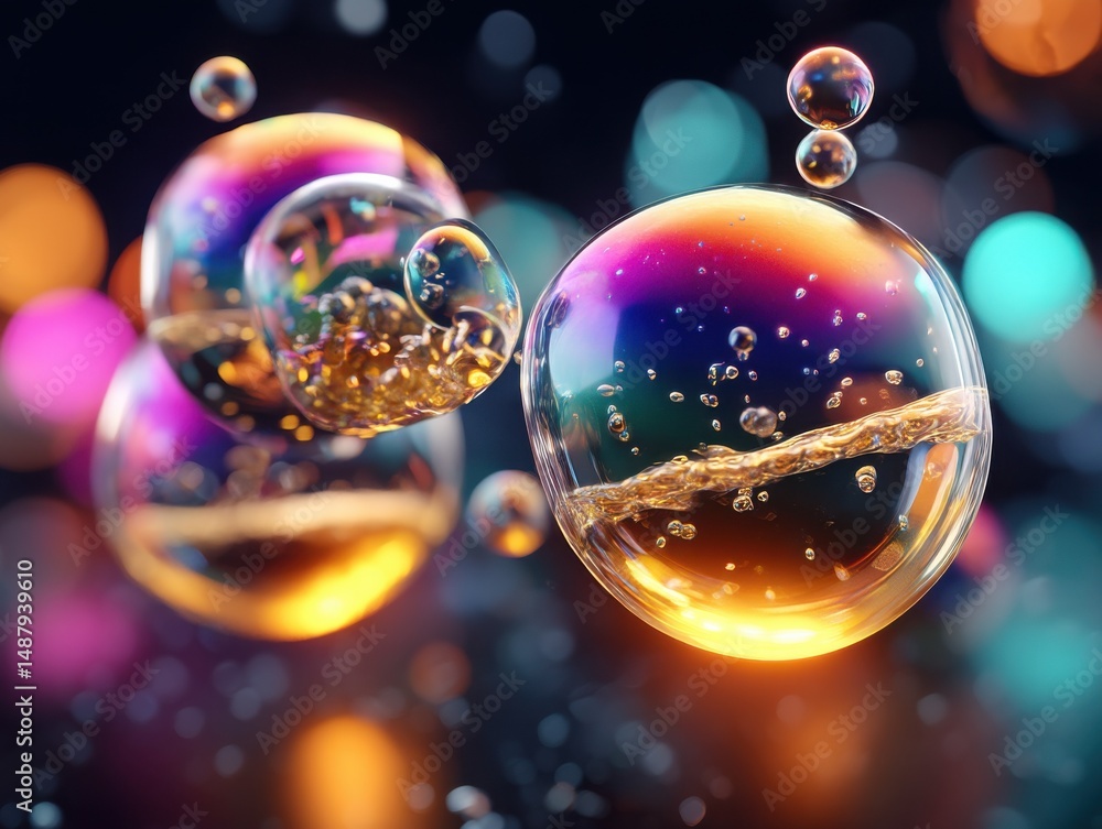 Aufkleber vibrant iridescent bubbles with golden liquid inside, floating against a bokeh background of colorfu