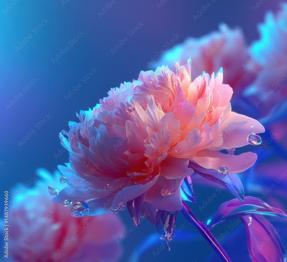 Poster close-up of a vibrant pink peony flower with iridescent petals and water droplets, illuminated by ne