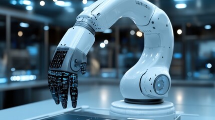Close-up view of a futuristic robotic arm with a detailed hand, showcasing intricate digital displays on its surface, set against a blurred industrial background. : Generative AI