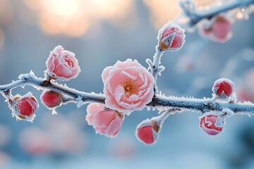 Frozen pink rose buds in winter snow, icy red flowers and frost-covered blooms