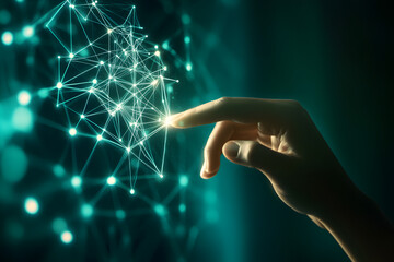 Hand touching digital network of glowing connected nodes, futuristic technology interface representing data transfer, AI, innovation, neural networks, and virtual interaction in cyberspace background